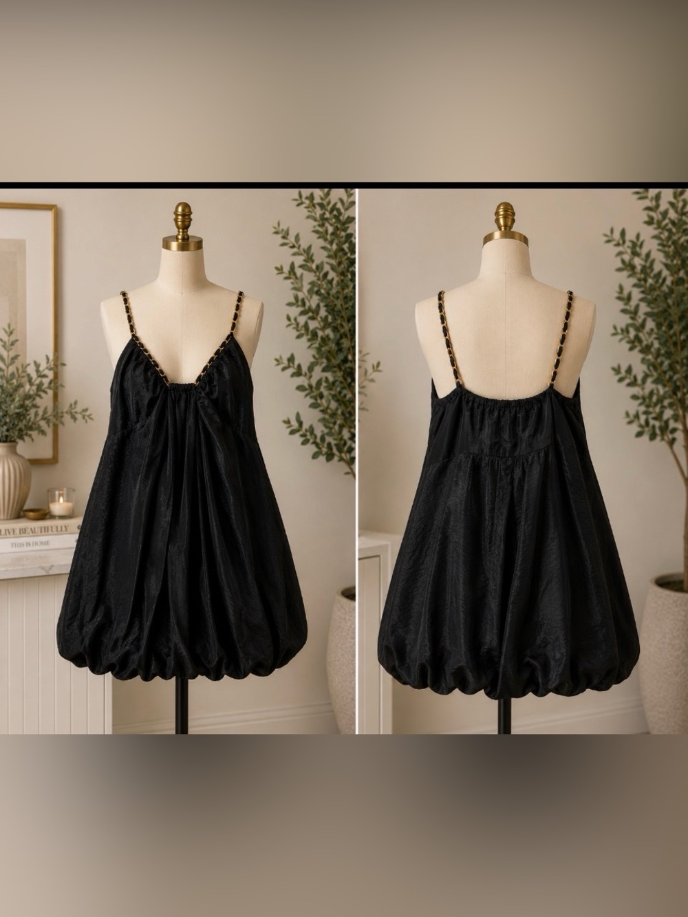 Black Bubble Hem Spaghetti Strap Mini Dress